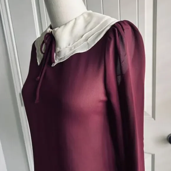 Vintage Blouse Maroon Sheer‎ Size Small Tie Neck Cream Collar Button C’est Chic - Picture 4 of 16